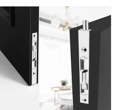 Legit Heavy Duty Double Door Flush Latches Slick Concealed Bolt Kit Brushed Silver Stainless Steel recessed in a black door.