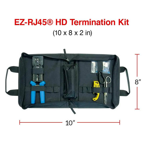 Open EZ RJ45 HD Basic Termination Kit With Crimp Tool And Cat5e Connectors In A Nylon Zip Case, showing contents and dimensions