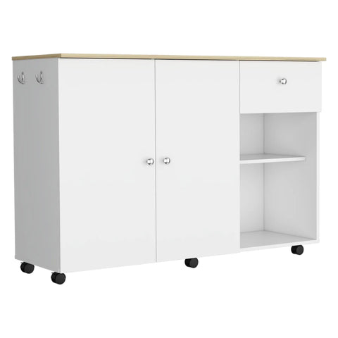 Smooth Rolling Kitchen Island With Locking Casters Ample Drawer Double Door Cabinet Shelving Towel Hook Portable Cart in white.