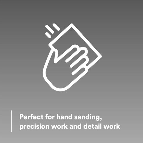 Illustration of hand using a Handy Flexible Softback Sanding Sponge for Detail Work, Wet or Dry Use, Fast Cutting Aluminum Oxide Abrasive.