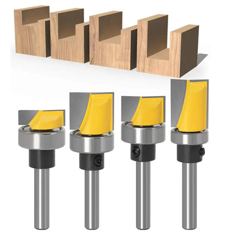 Four Piece Quarter Inch Shank Hinge Mortising Flush Trim Template Router Bit Set with Ball Bearing Carbide Tipped Bits
