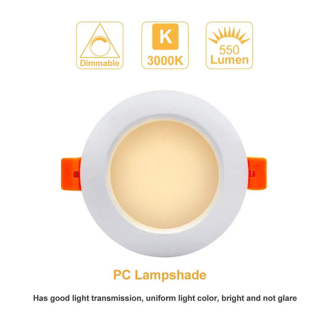 Lit 3.5 Inch LED Recessed Lighting Downlight 7W Dimmable 3000K Warm White CRI80 with PC Lampshade frontal view