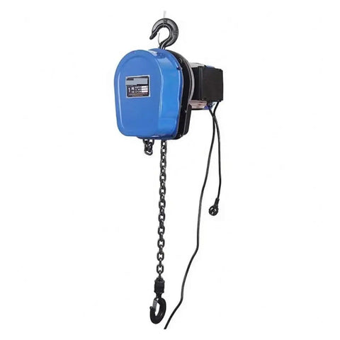 Portable Electric Chain Hoist For No Sweat Heavy Lifting And Construction Projects Featuring Sturdy Bearings with blue casing and hanging hook.
