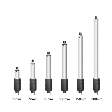 Beefy Yet Compact Linear Actuator 6V 12V 24V With 33 Lbs Max Force 150N Gear Motor IP60 Durable Quiet 15mm Stroke At 30mm Per Second For Home Automation, Robotics, And DIY Projects, shown in 10mm to 200mm sizes