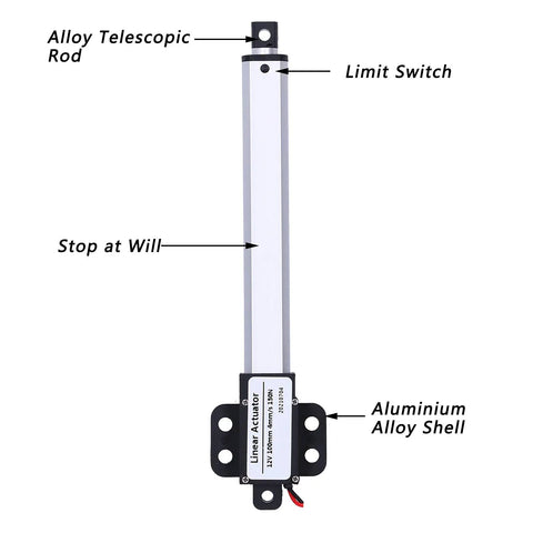 Mini 4 Inch Stroke Linear Actuator 20N 12V DC Travel Speed 30 Millimeters Per Second Aluminum Tube Limit Switch Compact Micro Motor