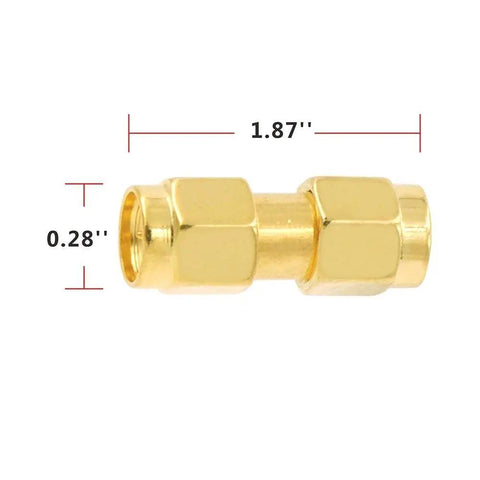 SMA Male To SMA Male Coaxial Connectors 50 Ohm RF Adapters Kit, gold plated brass, 1.87 x 0.28 in., front view.
