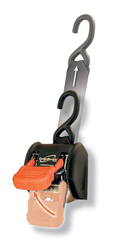 G3 Retractable Ratchet Tie-Downs 2x72 Pair Orange And Black Heavy Duty Cargo Straps showing quick-release hook.