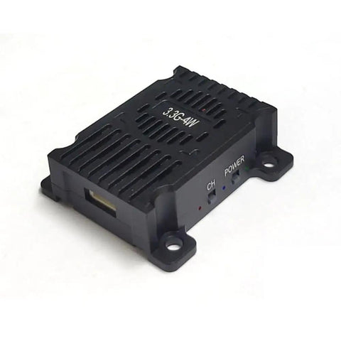 3.3G 4W VTX Image Transmission Transmitter for FPV RC Long Range Racing Drones, black PVC housing, side view angle