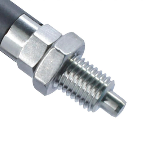 Close-up of Top Shelf M16 Stainless Steel Indexing Plunger with threaded end and hex nut, ideal for secure positioning.