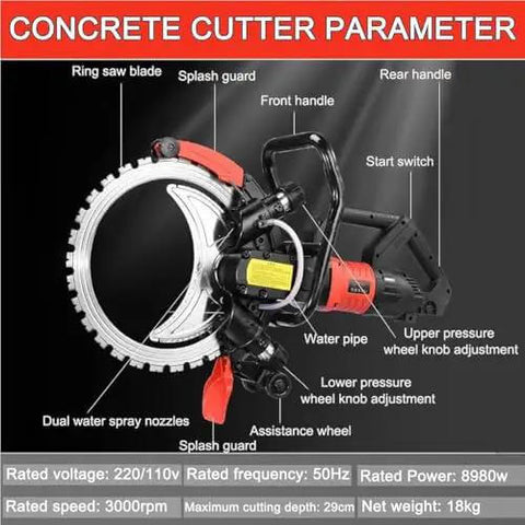 Heavy Duty Electric Concrete Circular Saw With Brushless Motor And Titanium Blade Using Water Cooling Dust Control For High Speed Cutting Through Granite And Hard Stone Runs Smooth With Zero Hassle And Straight Up Knockout Cuts with detailed parts labeled.