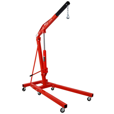 Heavy Duty Shop Workhorse Folding Engine Hoist With 2 Ton Capacity And 4000 Pound Lift Rating showing a red steel frame and swivel casters.