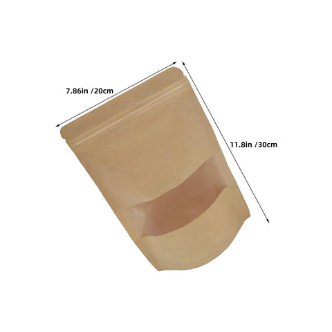Resealable Kraft Paper Bags With Clear Window For Food Storage And Pantry Organization Pack Of 50 shown with dimensions
