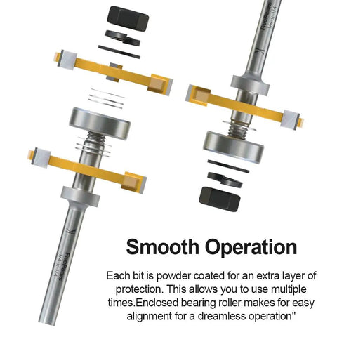 Exploded view of Tongue And Groove Router Bits Set With One Quarter Inch Shank Two Piece Three Tooth T Shape Wood Milling Cutter