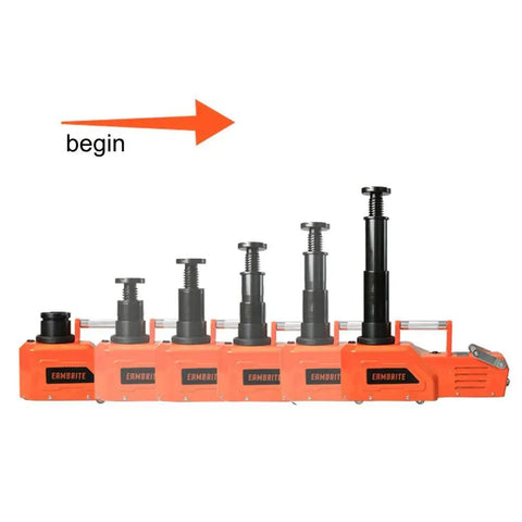 Beefed Up Heavy Duty 15 Ton Electric Car Floor Jack With LED Light extending stages of lift mechanism demonstrated