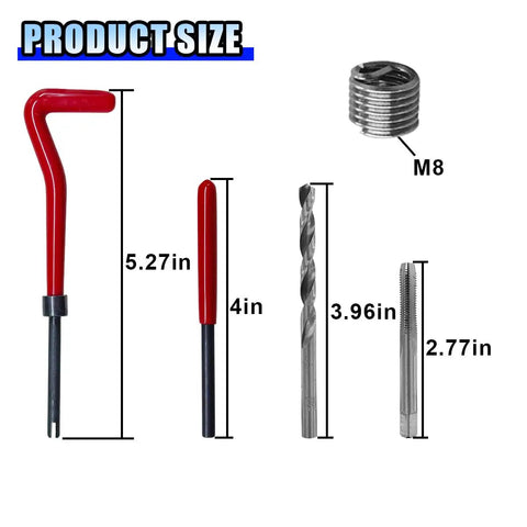 Components of Heavy Duty M8 Thread Repair Kit With 30 Pieces Helicoil Set M8 By 1.25, including tools and inserts.