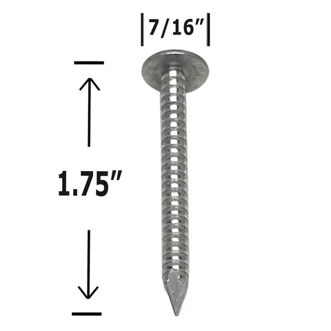 Tough As Nails 1.75 Inch Aluminum Ring Shank Nails 5D Flat Head showing measurement for vinyl siding roofing use.