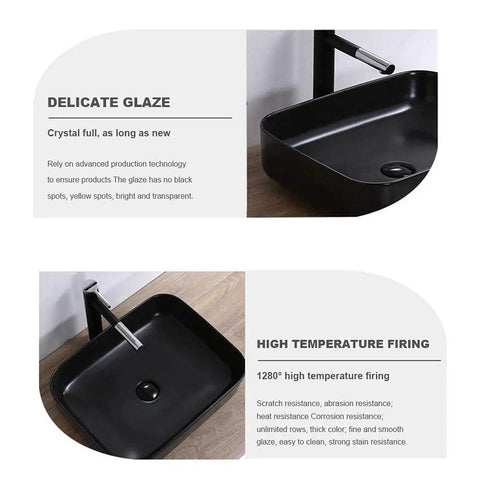 Top Shelf Rectangular Vessel Sink For Above Counter Bathroom Vanity Heavy Duty Ceramic Basin Sleek Matte Black Finish with delicate glaze