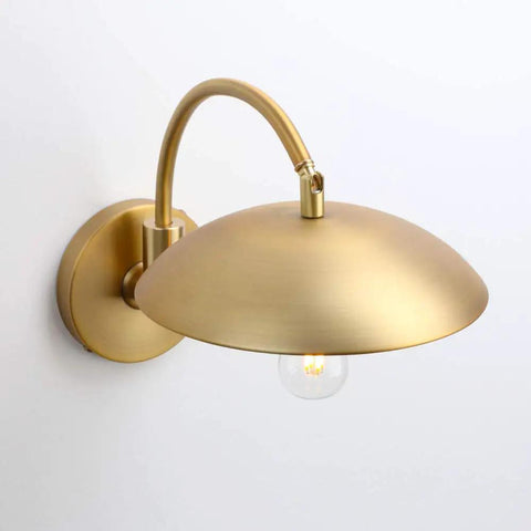 Dope Industrial Swing Arm Wall Sconce In Brass Finish Adjustable Hardwired Wall Lamp With Metal Base Retro Indoor Lighting Fixture For Hallway Bedroom Living Room Dining Area And Cafe Decor, showing a brass UFO-shaped shade with exposed bulb.