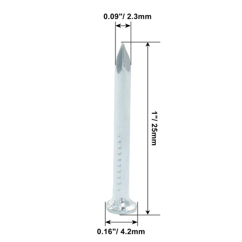 Premium Top Shelf One Inch Cement Nails Rock Solid Fastening For Any Tough Job Site Heavy Duty One Hundred Pack Carbon Steel Point Tip, showing dimensions.