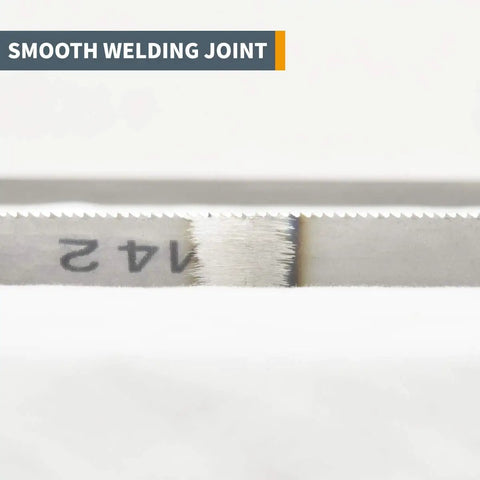 Heavy Duty Bimetal Bandsaw Blade Knocks Out Soft Metal Work Fast 60 Inch Length With 14 Tpi Tooth Layout Sized At Half Inch Wide For Clean Aluminum Copper Brass And Zinc Jobs Daily, showing smooth welding joint close-up.