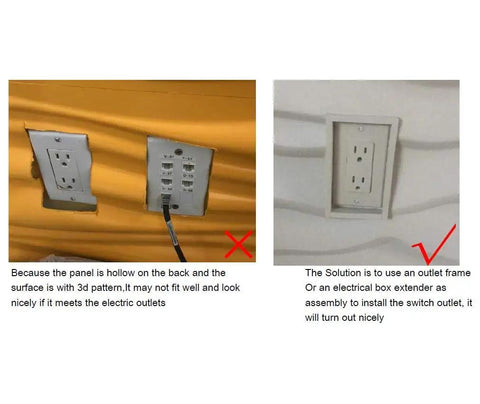 Two images showing a wall panel installation issue and solution with outlet frame on Geometric 3D PVC Wall Panels Matte White Pack of 12 Tiles Covering 32 Sq Ft, Each 19.7 Inch Square, Lightweight And Durable, Fire Resistant, Waterproof, Easy To Install, Paintable, Ideal For Modern DIY Accent Walls.