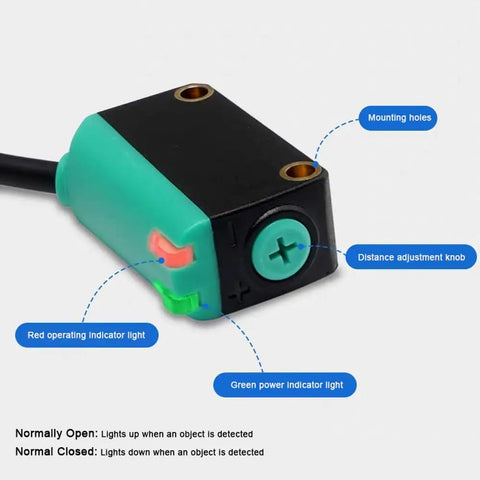 Close-up of Diffuse Reflection Photoelectric Sensor with Background Suppression, PNP output, showing indicator lights and adjustment knob.