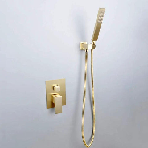 Wall Mount Shower Set With 10 Inch Square Rainfall Head And Dual Function Handheld Sprayer, gold finish, modern design.