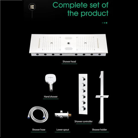 Next Level Bath Vibes 12 By 36 Inch Music Led Shower Panel With Antique Brass Finish complete set including shower head and handheld sprayer.