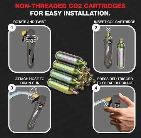 Image showing Thirty Pack Of 16 Gram Unthreaded CO2 Blasters with installation steps for cleaning HVAC lines.