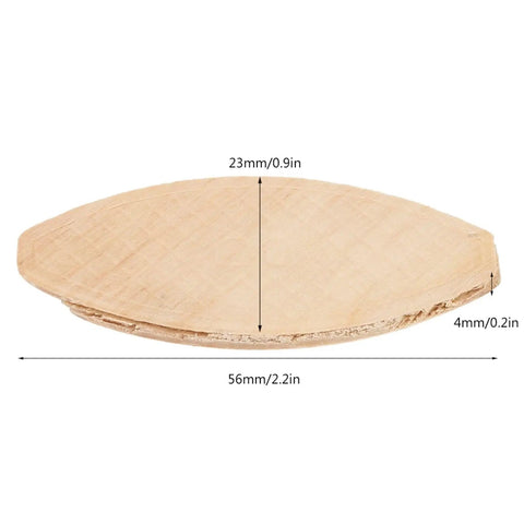 Solid Beech Wood Oval Joiner Biscuits 20 Piece Set showing dimensions 56mm x 23mm x 4mm for strong wood joining