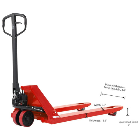 Heavy Duty Manual Pallet Jack With 6600 Lb Capacity Built Tough For Warehouse Grind Featuring 27 X 48 Inch Forks Polyurethane Wheels comfort grip handles and oil leak proof hydraulics, red, fork details visible.