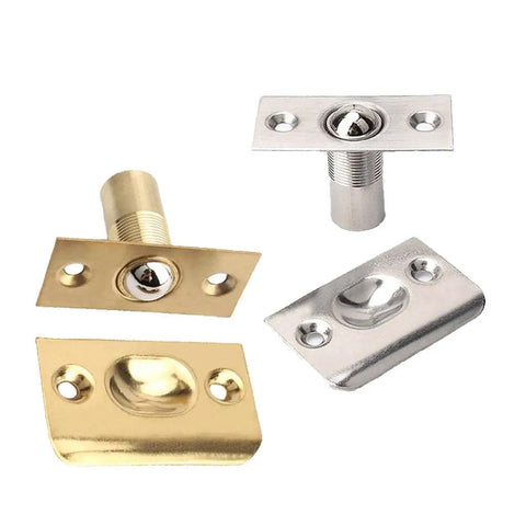 Heavy Duty Adjustable Roller Ball Door Catch Latch Lock In Solid Stainless Steel With Brass Finish For Home Office Hotel Safe Internal Room Gate Spring Loaded Easy Install hardware components showcasing brass and stainless steel finishes.