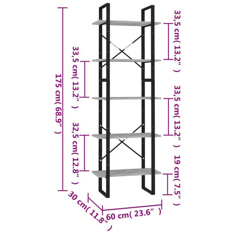 Dimension diagram for Five Tier Industrial Bookcase in Concrete Gray Engineered Wood With Metal Frame and Matte Finish, 68.9-Inch Tall