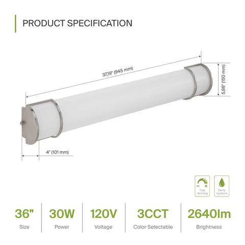Lit 36 Inch Vanity Light Fixture For Your Bathroom, Linear LED Bar With 3CCT Dimmable Lighting, side view, nickel finish