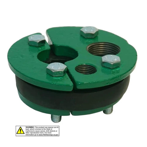 6 Inch Cast Iron Well Seal Cap With Split Top Plate, Built Tough Single Drop 1 Inch Water Well Seal For Submersible Or Jet Pumps, Heavy Duty Cast Iron Construction For 6 Inch Well Casing, Includes Three Quarter Inch Rubber Packer, Easy Installation. Close-up showing screws and rubber packer.