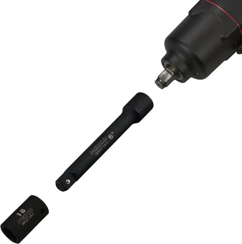 Half Inch Drive Impact Extension Bar Set With Three Extensions In 3 Inch 5 Inch And 10 Inch CRV Steel For Tough To Reach Bolts On Cars And Bikes Durable Impact Tools For Quick Access shown with socket and gun