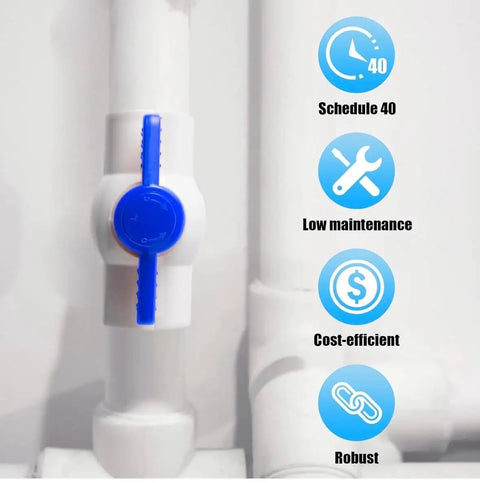 Heavy Duty 1/2 Inch PVC Ball Valve Sch40 Socket To Socket Shut Off Valve For Plumbing Irrigation Pool Spa With Blue Handle And Built Tough Zero Drip Seal Pack Of 5 blue handle on PVC ball valve against white pipes.