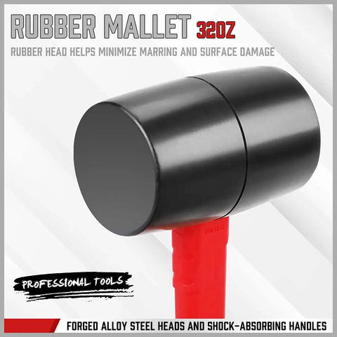 Close-up of 32oz rubber mallet from Five Piece Hammer Set For Home Workshop, featuring black rubber head and red handle.