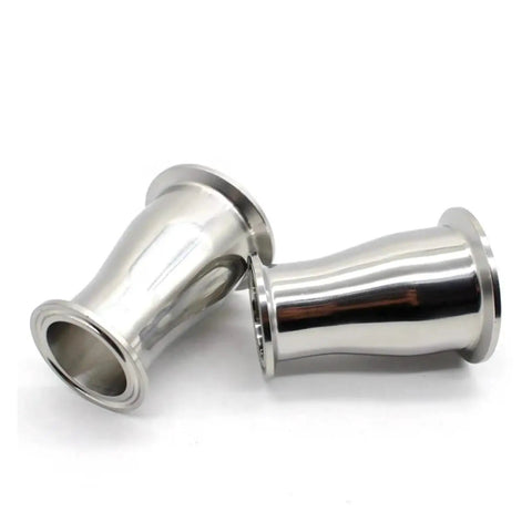 Hella Rugged SS304 Stainless Steel Tri Clamp Concentric Pipe Reducer With Zero Sweat Installation And Rapid Release Sanitary Ferrule For Home Brewing 45 By 32 Mm Size two reducers angled view
