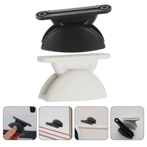 CLISPEED RV Door Catch Holder Set with black and white nylon clips for quiet camper door security and noise reduction.