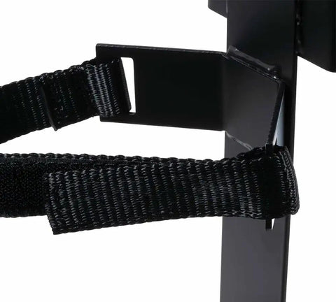 Close-up of Fire Extinguisher Mounting Bracket For E Track And X Track Systems, 22 Lbs WLL with two Velcro straps in black steel.
