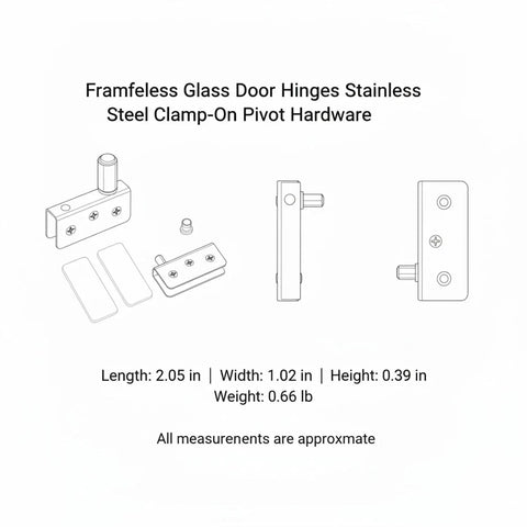 Stainless Steel Clamp On Glass Door Hinges For Shower Enclosures And Cabinets, No Drill Pivot Hardware illustration with dimensions
