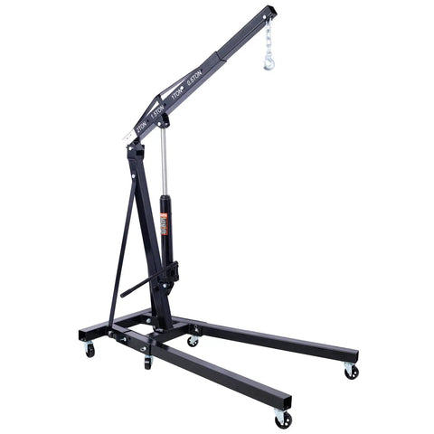 Heavy Duty 2 Ton Folding Engine Hoist Shop Crane With Hydraulic Pump and Six Swivel Casters, compact design for efficient storage.
