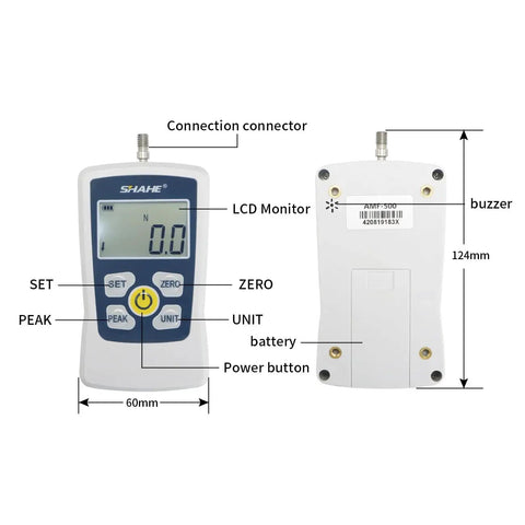 500N Digital Push Pull Force Gauge Portable Meter With Auto Backlight LCD And Four Units N Kg Lb Oz Comes In Rock Solid Storage Case Auto Power Off Buzzer Alarm Battery Included Pro Grade Precision For Testing front and back view, 60mm wide, 124mm high