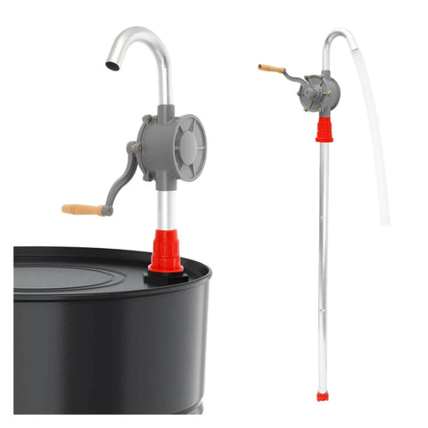 Heavy Duty Hand Crank Drum Pump For 55 Gallon Oil Barrels Adjustable Suction Transfer Kit on a black drum for fluid transfer.