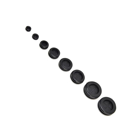 Rubber grommets from 170-Piece Rubber Grommets Kit With Divided Organizer For Auto, Plumbing and PC Builds, arranged by size