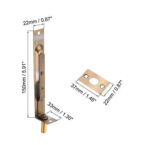 Six Inch Flush Bolt For Wood And Composite Doors With Brass Tone Finish, stainless steel concealed latch dimensions.