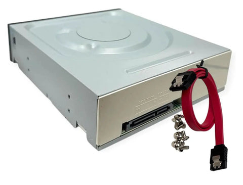 24x Dual Layer SATA DVD RW Optical Drive For Desktop And Laptop With DVDR DVDRW DL DVD CD-R CD-RW Support Fast Data Backup And Easy Software Install Reliable Performance For Home Media And PC Upgrades, silver metal drive with SATA cable