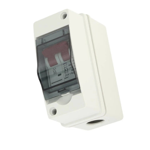 DC Solar Panel Breaker 16A 500V Outdoor Disconnect Switch IP65 Rated DIN Rail Enclosure in white plastic case