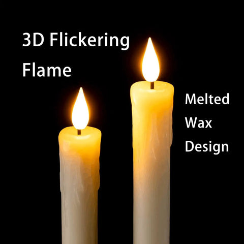 Two Real Wax LED Flameless Taper Candles With Remote Timer 9.6 Inch, 3D Flickering Flame, Ivory, shown with melted wax effect.
